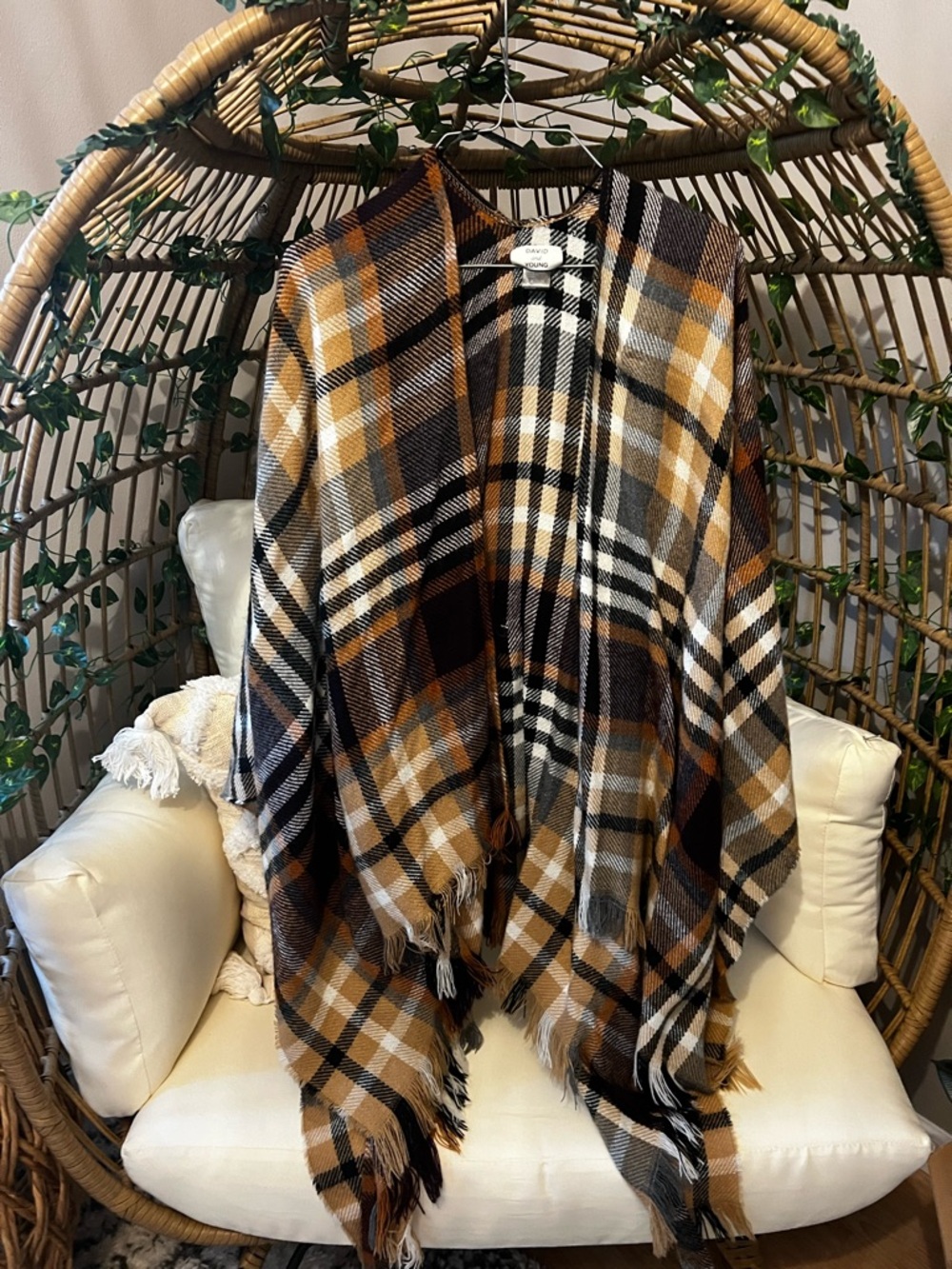 David and Young Plaid Fringe Shawl in Brown, Cream, Black
